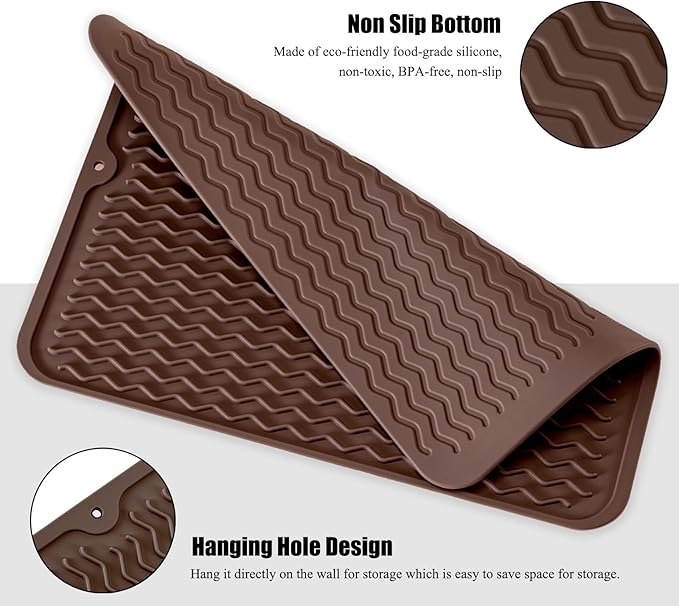 Silicone Dish Drying Mat, Non-Slip Easy Clean Sink Mat Large Heat-resistant Dish Drainer Mat for Kitchen Counter, Sink, Refrigerator or Drawer liner (12" x 12", COFFEE)