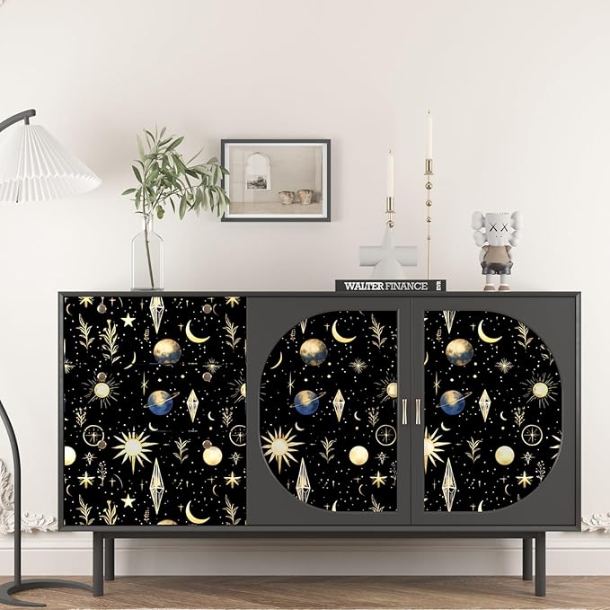 Starry Night Peel and Stick Wallpaper – Black Gold Galaxy Celestial Starburst Moon Stars Self-Adhesive Vinyl Contact Paper for Bedroom Living Room Cabinet, Removable Wall Decor 17.5In x 118In