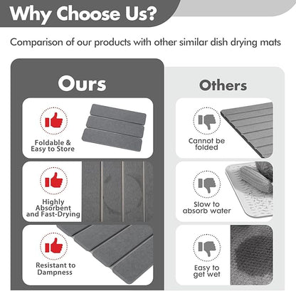 Stone Dish Drying Mat for Kitchen Counter, Eco-friendly, Instant Drying Pad,Diatomaceous Earth Water Absorbing Mat, Foldable and Super Absorbent Dish Drying Stone Mat, 16"×12", Dark Gray