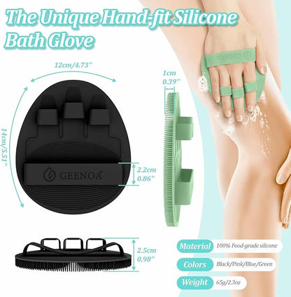 New Silicone Shower Scrubber with Straps, 360° Anti-Slip & Enlarged Body Scrubber for Rich Foaming Deep Cleaning, Revolutionary No-Grip & Hand-fit Bath Glove for All Skin Types(Black+Green)