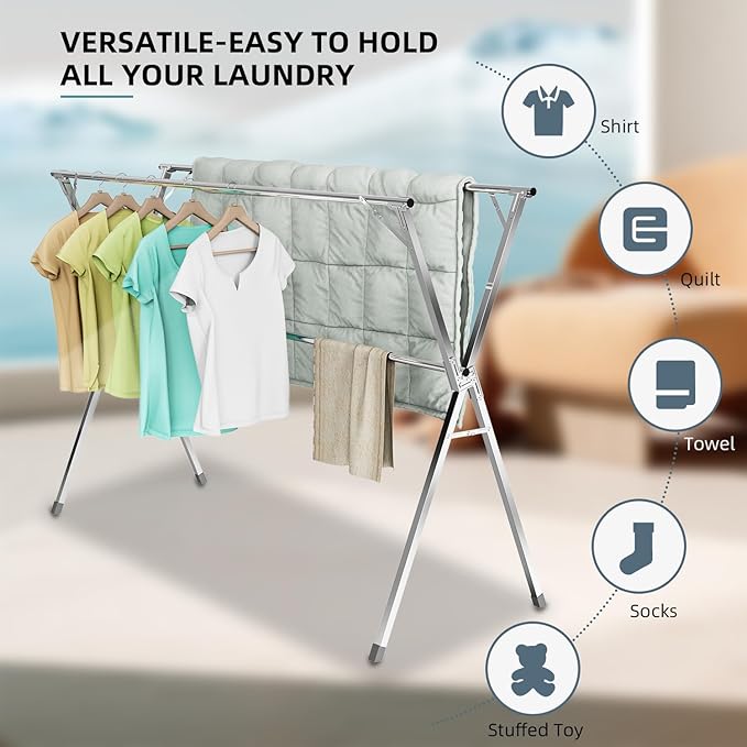 Clothes Drying Rack,Heavy Duty Stainless Steel Garment Rack,Adjustable and Foldable Laundry Drying Rack for Indoor Outdoor Drying Rack Clothing with 20 Windproof Hooks (Silver, 95")
