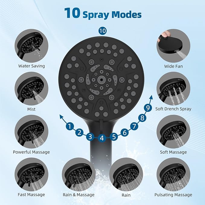 Hibbent All Metal cUPC Certified Shower Head, 10'' High Pressure Rain Shower Head, Handheld Showerhead Combo with 16'' Adjustable Extension Arm, 10 Sprays, 71'' Hose, Showerhead Holder, Matte Black