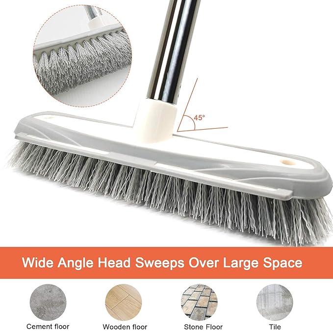 Push Broom,Tub Tile Broom Brush,Stiff Bristles Broom for Shower Cleaning, Patio, Kitchen,Grout and Garage,Indoor Outdoor Cleaning Brush,Adjustable Stainless Steel Long Handle-46.5"…