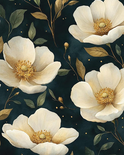 Fvlow Large Dark Floral Wallpaper Peel and Stick, White/Gold Flowers Contact Paper Waterproof Self-Adhesive Boho Wall Paper for Bedroom Countertop Desk Cabinets Decor 17.4" x 118" Renter Friendly