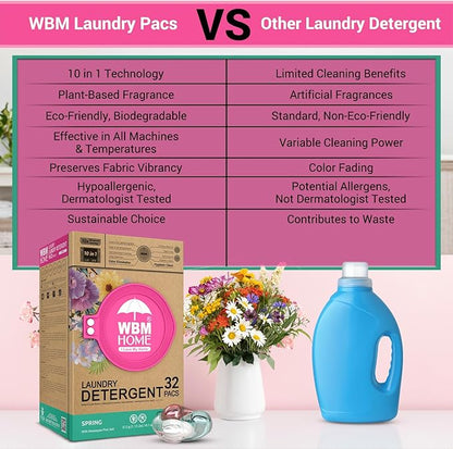 WBM Home Laundry Detergent Pods, Spring Fragrance Scent, 32 Count - HE Concentrated Laundry Pods with 10x Ultra Power Cleaning and 4D Laundry Stain Remover