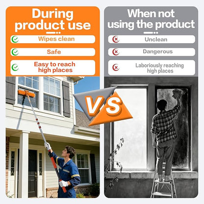 20FT High Reach Duster Cleaning Kit with 3-12 FTExtension Pole, High Ceiling Fan Cleaner Duster Tool for Fan Blades, Extendable Reusable Cobweb, Feather, Window Cleaning Squeegee Kit (12FT)