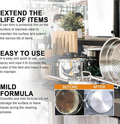 Kitchen Heavy Duty Cleaner Spray, 2025 Stainless Steel Cleaner, Kitchen Cookware Oil Stains, Black Dirt On the Bottom of Pots, Rust Removal and Anti-rust Cleaner
