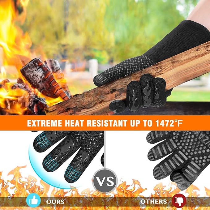 HAMITOR BBQ Grill Gloves : 1472℉ High Temp Resistance Fireproof Glove for Grilling Barbecue - Washable Long Oven Mitts Extreme Hot Proof Mittens for Kitchen Cooking Baking