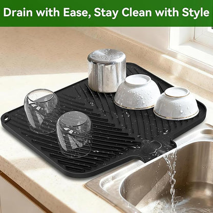 Belife Dish Drying Mat for Kitchen Counter, Silicone Dish Drainers Pad, Non-Slip Under Sink Dish Drying Rack, Heat Resistant Small Stone Drying Board (16.9" x 14.6", Black)
