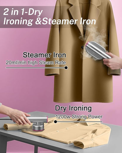 ELORTI Clothes Steamer, 2-in-1 Handheld Garment Steamer & Travel Iron, 10s Fast Heat-Up, 1200W Portable Mini Steamer with Rotatable Head, Compact for Home, Office & Travel (110-120V)