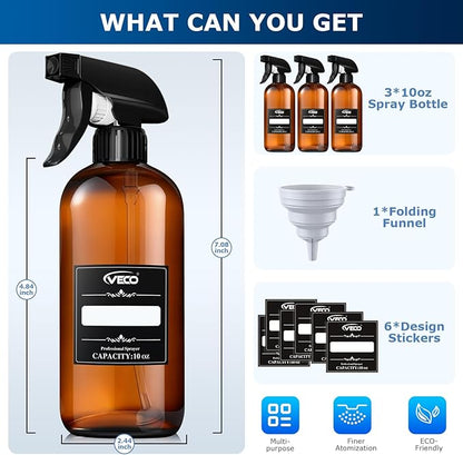 Veco 10oz Spray Bottle with Adjustable Nozzle, 360° Water Spray Bottles for Cleaning Solution, Plastic Spray Bottles for Hair Cooking Plant Pet, No Leak and Clog (3 Pack & Foldable Funnel), Brown