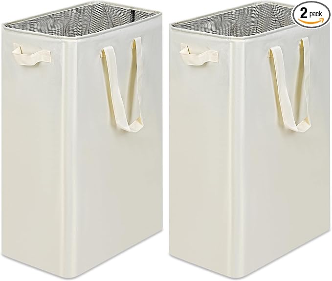 efluky Slim Laundry Basket, Narrow Laundry Hamper with Handles, Collapsible Dirty Clothes Hamper, Tall Laundry Bin for Laundry Room, Dorm and Bedroom, 19.8 Gallon (75L) Beige (Pack of 2)