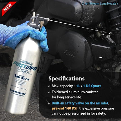 FIRSTINFO A1639 (3rd Gen) Patented Max. Pressure 140psi / 1000ml Thickened Aluminum Canister Refillable Aerosol Spray Can | Pneumatic Compressed Air Sprayer | Wide Mist & JET Spray