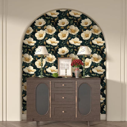 Fvlow Large Dark Floral Wallpaper Peel and Stick, White/Gold Flowers Contact Paper Waterproof Self-Adhesive Boho Wall Paper for Bedroom Countertop Desk Cabinets Decor 17.4" x 118" Renter Friendly