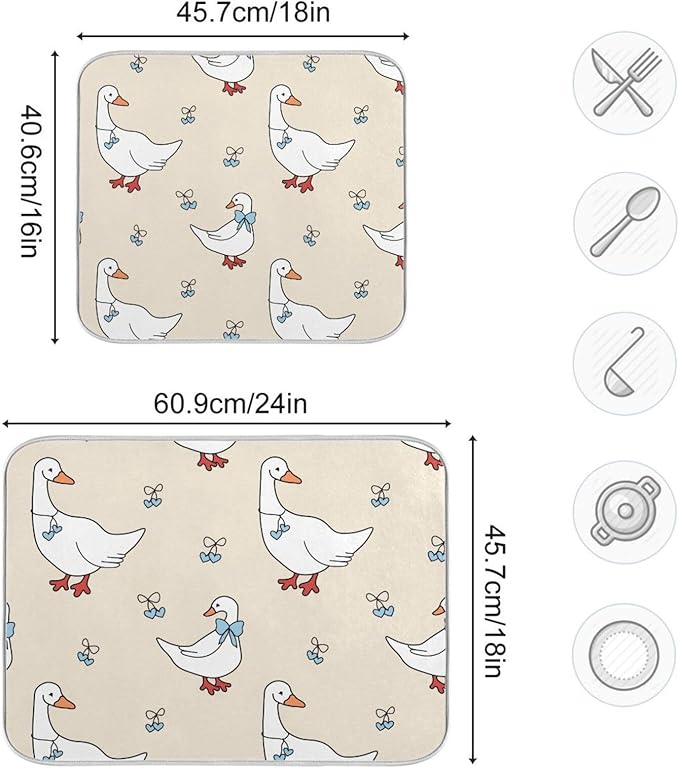 Goose Blue Hearts and A Bow Dish Drying Mat for Kitchen Counter 16x18 inch Super Absorbent Drying Mat Large Dish Drying Mats for Kitchen Countertop Protector Dishes Pad