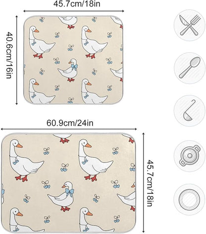 Goose Blue Hearts and A Bow Dish Drying Mat for Kitchen Counter 18x24 inch Super Absorbent Drying Mat Large Dish Drying Mats for Kitchen Countertop Protector Dishes Pad