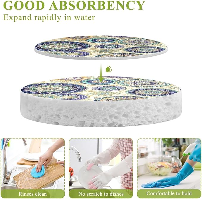 Mandala Kitchen Scrub Sponges, Pop-up Kitchen Cleaning Sponges Reusable Dish Washing Sponges for Bathroom Household Cleaning 3 Pack - Non Scratch Scrubber
