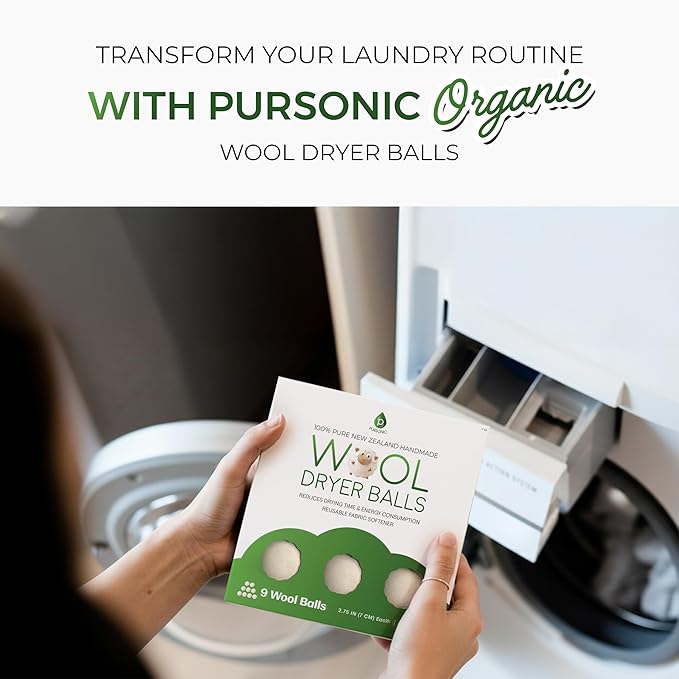 Pursonic XL Laundry Wool Dryer Balls Made with 100% Pure New Zealand Wool - Natural Reusable Fabric Softener Balls for Drying Time & Energy Consumption - Reduces Clothing Wrinkles & Lint - Set of 9
