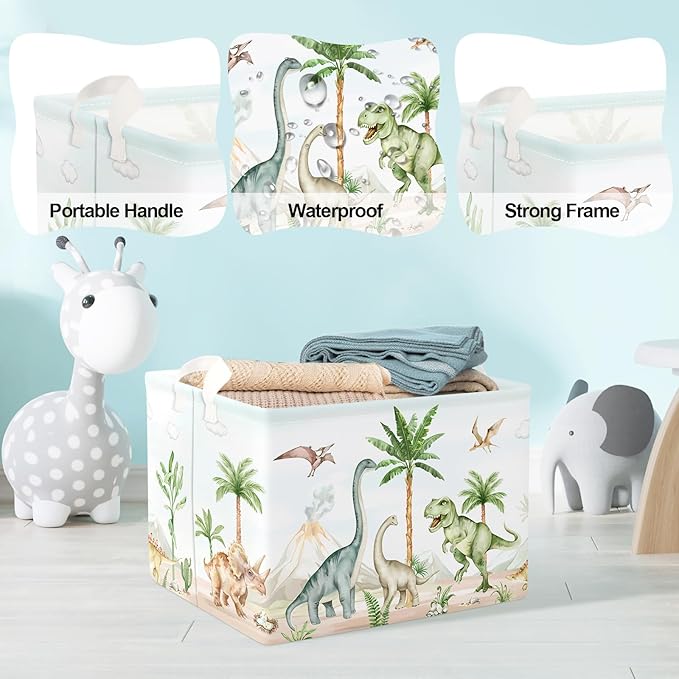 Clastyle Large Dinosaur Kid Storage Basket Baby Laundry Hamper Palm Tree Boy Gift Toy Box Collapsible Clothes Organizer Nursery Bin for Bedroom, Volcano, 40 * 30 * 30 cm