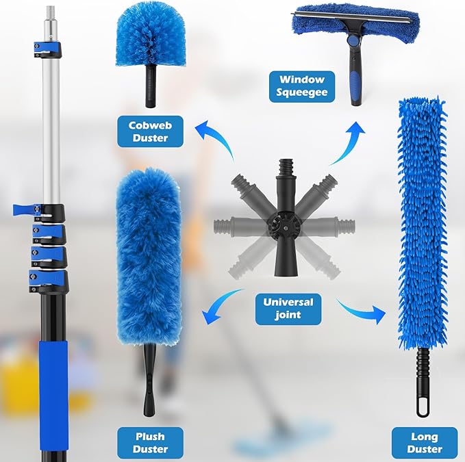 25FT Reach High Ceiling Duster Kits with 5-20FT Adjustable Pole - Includes Extra Long Duster, High Ceiling Duster, Rotatable Window Squeegee & Cobweb Duster for Ceiling Fans and Whole House Cleaning