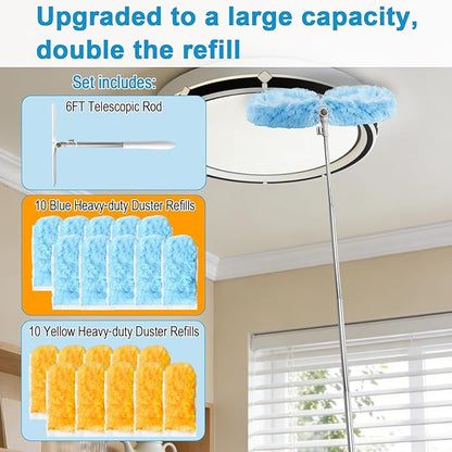 6 ft Extendable Duster Handle with 20 Refills, Duster with Extension Pole, Disposable Microfiber Dusting Pads for Home Cleaning,High Ceiling, Fan, Window, Hard-to-Reach Areas