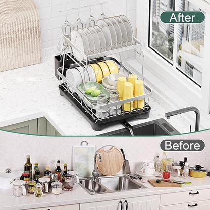 LIYI Dish Drying Rack,Large Dish Rack for Kitchen Counter,2-Tier Dish Racks with draining Tray,Detachable Capacity Dish Drainer Organizer,Black