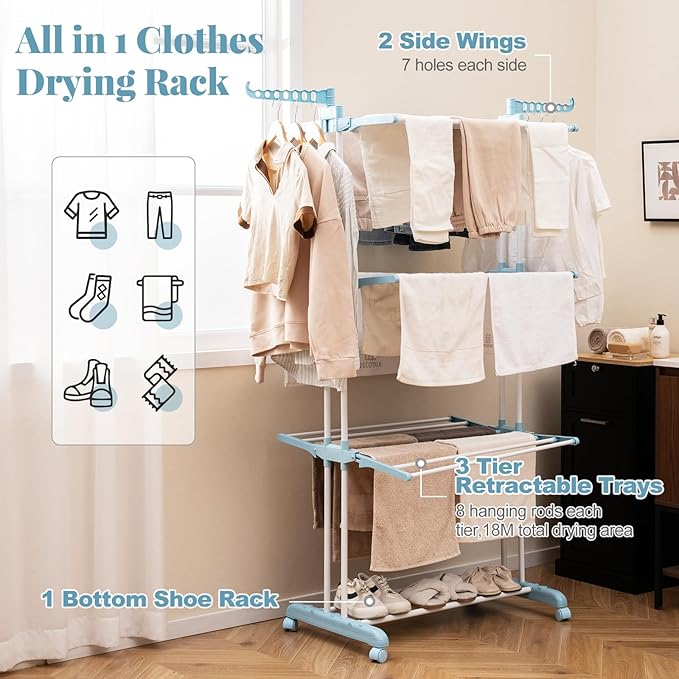 Tangkula 4-Tier Foldable Clothes Drying Rack, Oversized Drying Rack w/Lockable Wheels & Rust-Proof Metal Frame, Indoor Outdoor Large Drying Hanger w/Adjustable Gullwings, Movable Laundry Hanger