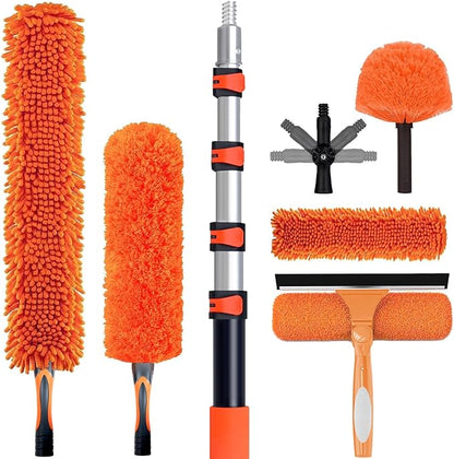 20FT High Reach Duster Cleaning Kit with 3-12 FTExtension Pole, High Ceiling Fan Cleaner Duster Tool for Fan Blades, Extendable Reusable Cobweb, Feather, Window Cleaning Squeegee Kit (12FT)