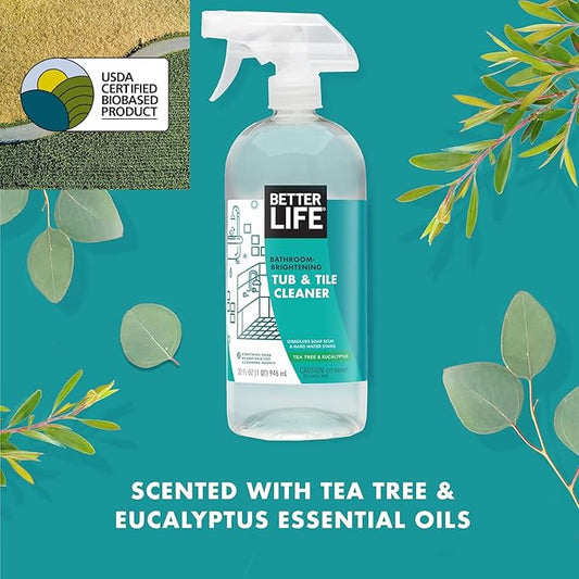 BETTER LIFE Bathroom Cleaner - Tea Tree Bathtub & Shower Cleaner Spray for Glass and Tile - Foaming Mold and Mildew Remover for Tub Works on Hard Water Stains - 32oz, Pack of 1