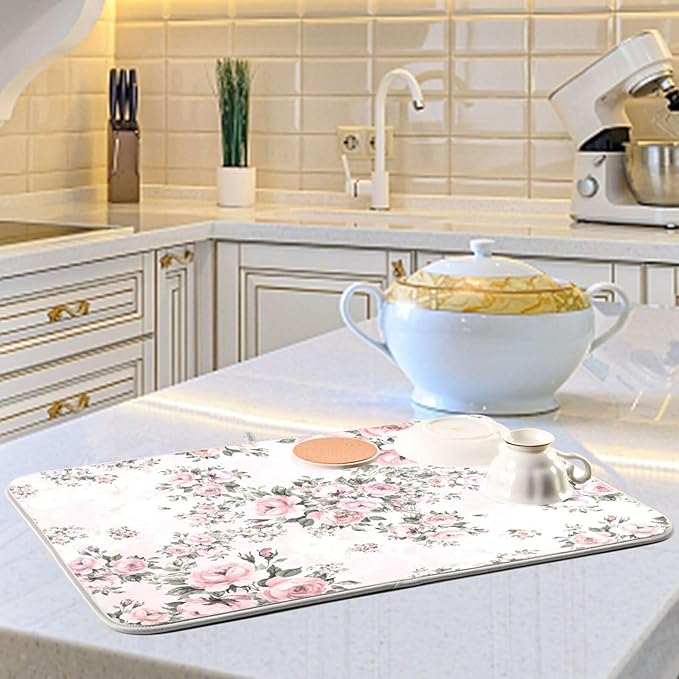 Floral Pink Roses Bouquets Dish Drying Mat for Kitchen Counter Absorbent Microfiber Drying Pad, Medium 16x18 in