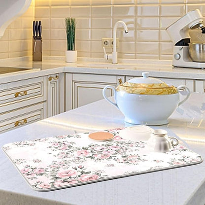 Floral Pink Roses Bouquets Dish Drying Mat for Kitchen Counter Absorbent Microfiber Drying Pad, Medium 16x18 in