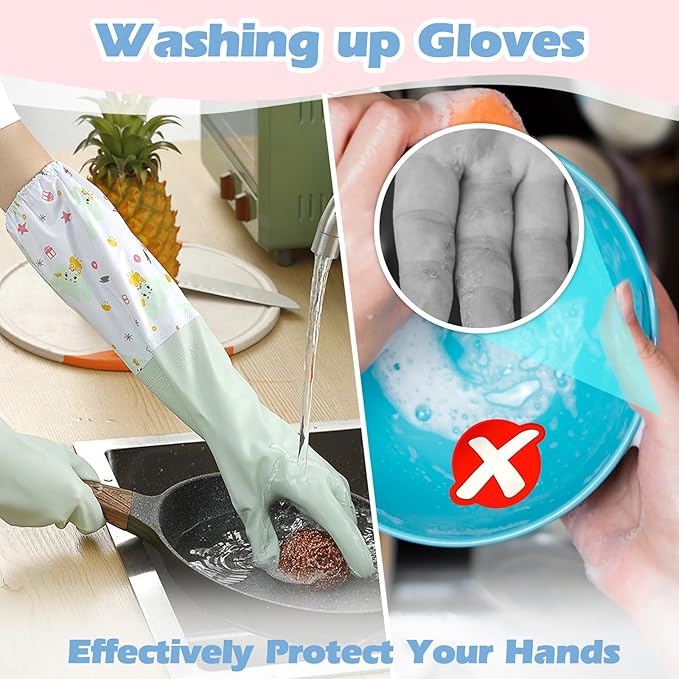 3 Pairs Dishwashing Cleaning Gloves, SHAIDOJIO Waterproof Reusable Kitchen Long Rubber Gloves, Non-Slip Latex-Free Household Gloves With Cotton Lined for Laundry Cleaning Working Gardening Cooking