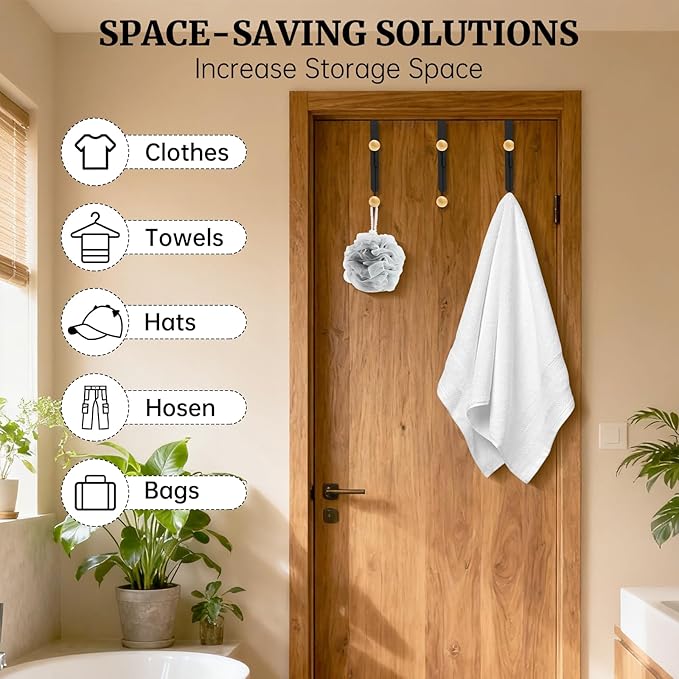 Over The Door Hooks 6 Pack,Door Hooks for Hanging Towels,Clothes,Hats,Bags,Back of Door Towel Hanger with Non-Slip Pads,Fits Doors 0.7-1.5" for Bathroom,Bedroom,Closet(Black)
