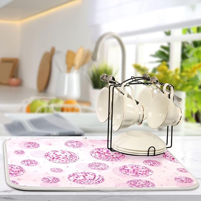 Disco Balls Pink Dish Drying Mat for Kitchen Counter Absorbent Microfiber Drying Pad, Medium 16x18 in, Reversible Drainer Mats