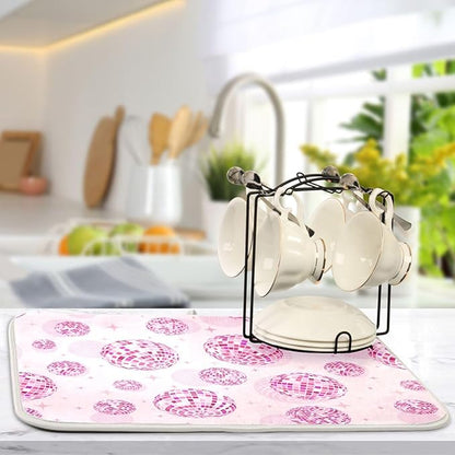 Disco Balls Pink Dish Drying Mat for Kitchen Counter Absorbent Microfiber Drying Pad, Medium 16x18 in, Reversible Drainer Mats