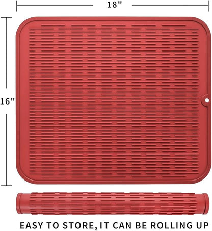 MicoYang Silicone Dish Drying Mat for Multiple Usage,Easy clean,Eco-friendly,Heat-resistant Silicone Mat for Kitchen Counter or Sink,Refrigerator or Drawer Liner Red XL 18 inches x 16 inches