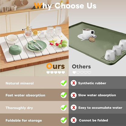 Stone Drying Mat for Kitchen Counter, Large Foldable Stone Dish Drying Mat,Ultra Absorbent Diatomaceous Earth Mats for Countertop Dishes Bottles Cups (23"×15.3",White）