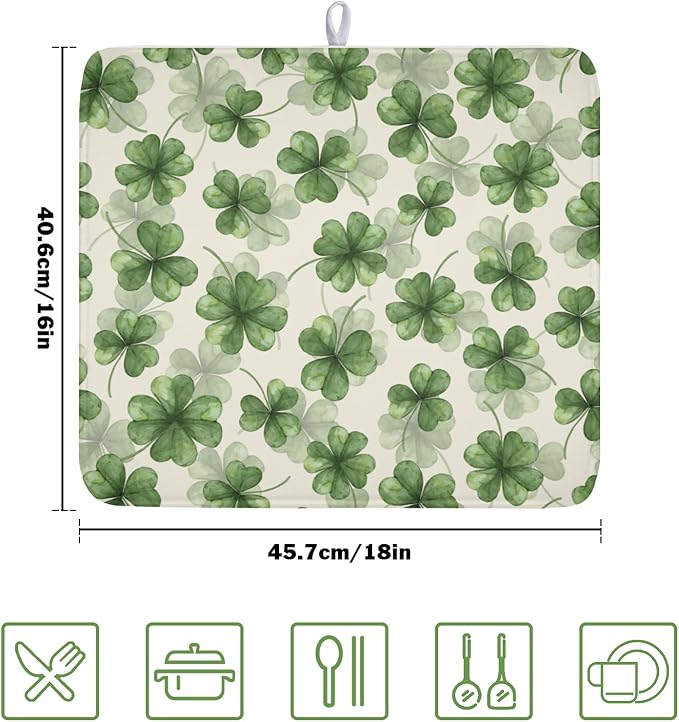 St Patrick's Day Green Clover Dish Drying Mat for Kitchen Counter Spring Holiday Watercolor Lucky Shamrock Drying Mat 16x18 Inch Absorbent Dish Drainer Mat Kitchen Accessories