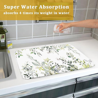 Green Eucalyptus Sage Leaves Dish Drying Mat 18 x 24 Inch With Absorbent Reversible Microfiber Plant Leaf Floral Spring Summer Drying Mats Fast Dry Pad Draining Mat For Kitchen Countertop
