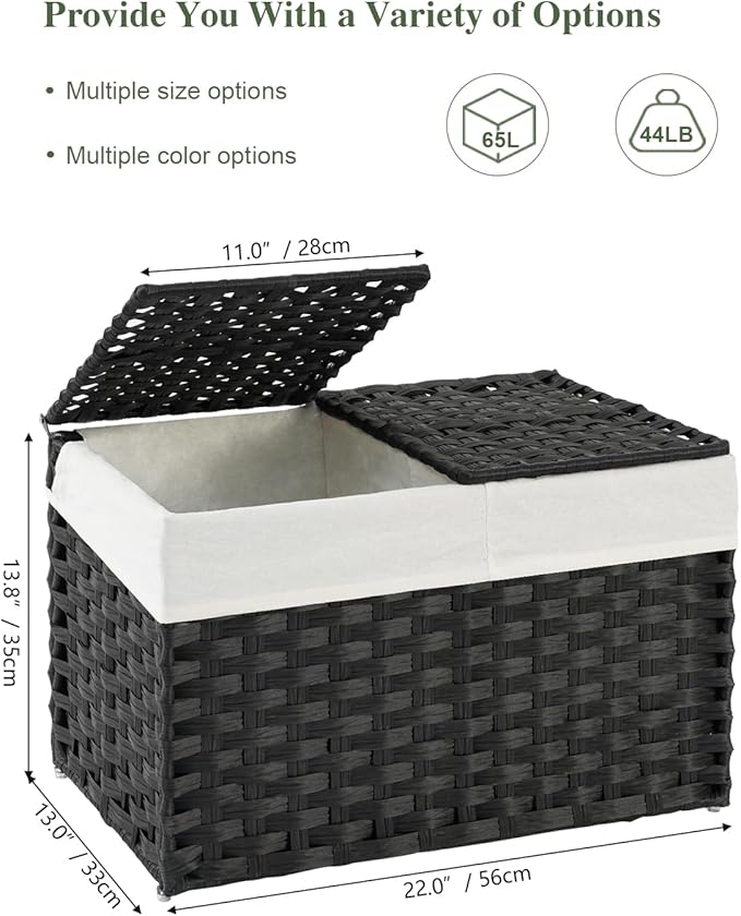 Storage Basket with Lid Rattan Woven Storage Baskets with 2 Separate Lids, 17.2 Gallon (65 L), Wicker Storage Bins Foldable, 2 Removable Liner Bags Handles for Bedroom, Laundry Room Black