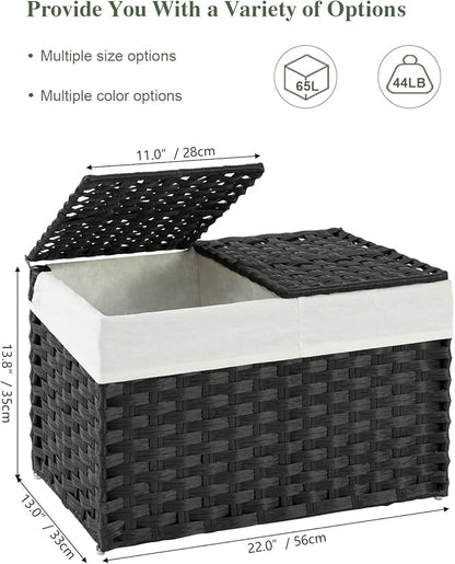 Storage Basket with Lid Rattan Woven Storage Baskets with 2 Separate Lids, 17.2 Gallon (65 L), Wicker Storage Bins Foldable, 2 Removable Liner Bags Handles for Bedroom, Laundry Room Black