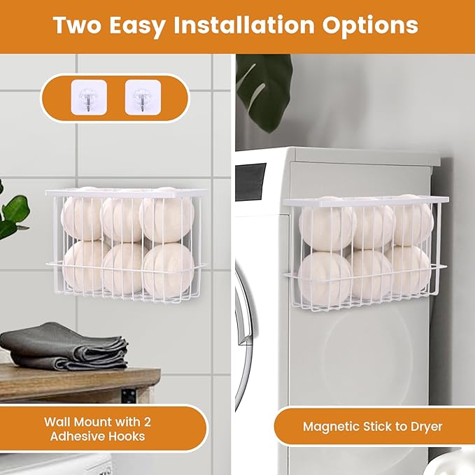 Magnetic Dryer Ball Holder Plus 6 XL Wool Dryer Balls from New Zealand Wool – Laundry Dryer Balls Organizer & Storage, Magnetic Basket for Dryer Balls, Space-Saving & Easy Tool-Free Installation