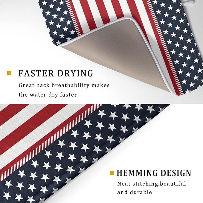 4th of July Patriotic Dish Drying Mat For Kitchen Counter America Red White Blue Stripes Stars Microfiber Absorbent Drying Mats Reversible Kitchen Countertop Drainer Pad 18x24 Inch