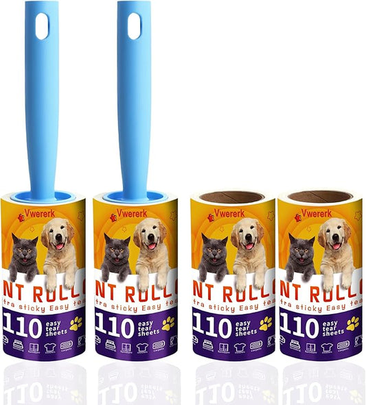 Lint Rollers for Pet Hair Extra Sticky, 440 Sheets/4 Lint Roller Refills with 2 Durable Handles, Pet Hair Roller for Clothes, Furniture, Carpet