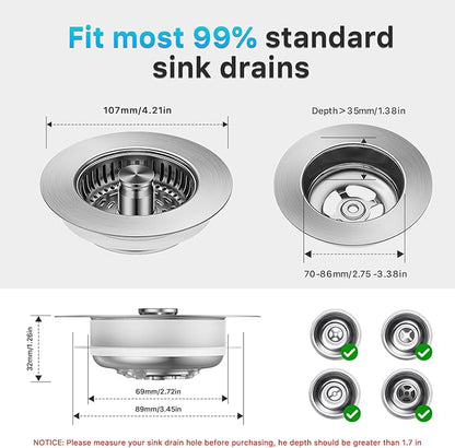 1S-Install Upgraded Kitchen Sink Strainer & Stopper – Pop-Up Fast Drain, Anti-Clog Basket & Deodorizing Cover – Fits US Standard 3.5 in Drain, 3 in 1 Stainless Steel Sink Drain Strainer