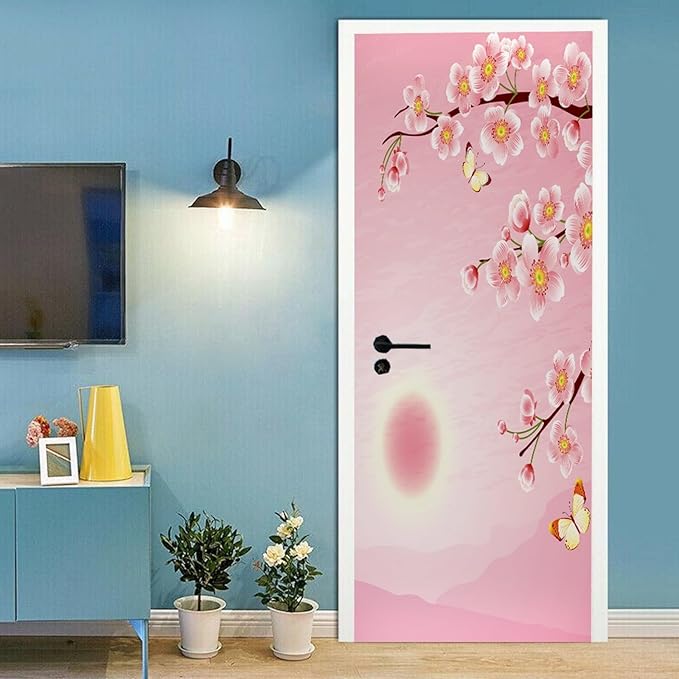 A.Monamour 3D Door Stickers for Interior Doors Cherry Blossom and Butterfly on Pink Background Vinyl Waterproof Self Adhesive Door Mural Decals for Bedroom Office Bathroom 95x215cm