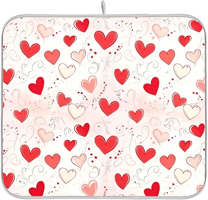 Happy Valentine’s Day Dish Drying Mat for Kitchen Countertop 16x18 Love Heart Red Pink Small Drying Mat Reusable Quick Dry Dish Sink Mats Easy Clean Decorative Essentials