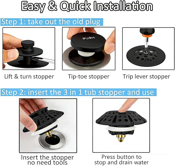 Bathtub Drain Stopper, Pop Up Tub Stopper Plug with Bathtub Drain Hair Catcher Cover, Universal for 1.45 in to 1.8 in Tub Drain, Matte Black