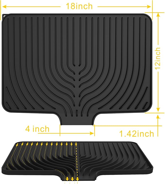 Silicone Drying Mat for Kitchen Counter , Dish Drying Rack Matt with Built in Drain, 18 Inch Dry Mats for Dishes Drying Pad for Kitchen Counter (18×12inch, black)