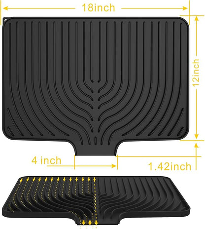 Silicone Drying Mat for Kitchen Counter , Dish Drying Rack Matt with Built in Drain, 18 Inch Dry Mats for Dishes Drying Pad for Kitchen Counter (18×12inch, black)